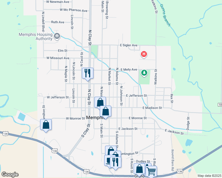 map of restaurants, bars, coffee shops, grocery stores, and more near 228 North Market Street in Memphis