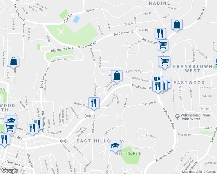 map of restaurants, bars, coffee shops, grocery stores, and more near 8608 Westwood Road in Pittsburgh