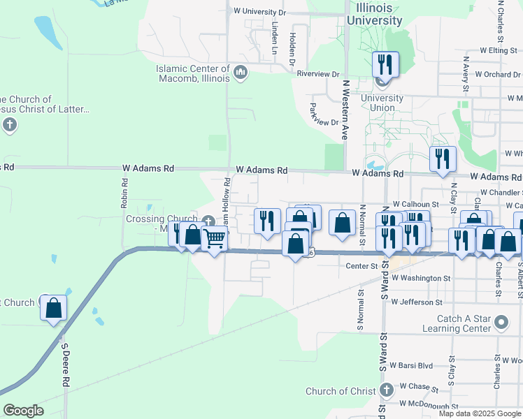 map of restaurants, bars, coffee shops, grocery stores, and more near 220 Charleston Boulevard in Macomb