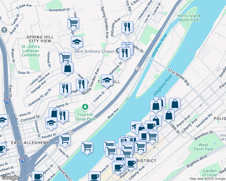 map of restaurants, bars, coffee shops, grocery stores, and more near 1300 Troy Hill Road in Pittsburgh