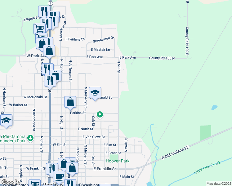 map of restaurants, bars, coffee shops, grocery stores, and more near 1205 North Mill Street in Hartford City
