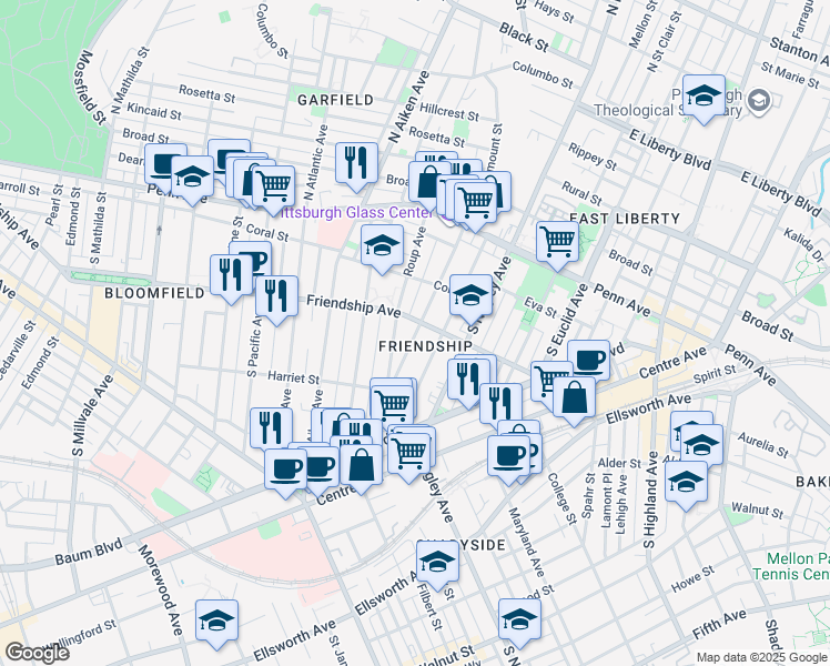 map of restaurants, bars, coffee shops, grocery stores, and more near 307 Roup Avenue in Pittsburgh