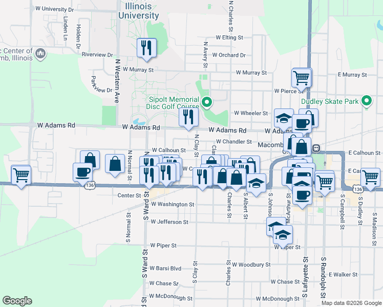 map of restaurants, bars, coffee shops, grocery stores, and more near 233 North Clay Street in Macomb