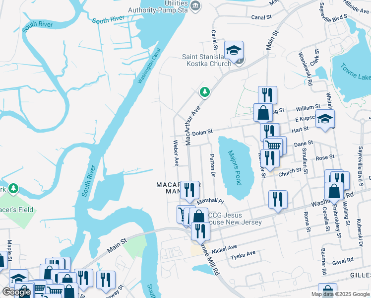 map of restaurants, bars, coffee shops, grocery stores, and more near 103 Macarthur Avenue in Sayreville