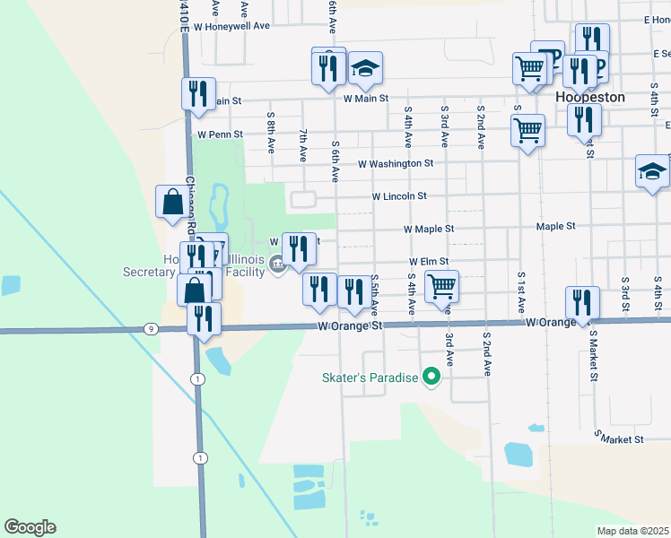 map of restaurants, bars, coffee shops, grocery stores, and more near 702 West Elm Street in Hoopeston