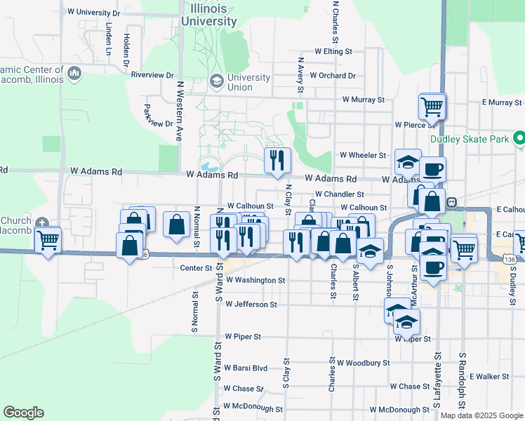 map of restaurants, bars, coffee shops, grocery stores, and more near 801 West Calhoun Street in Macomb