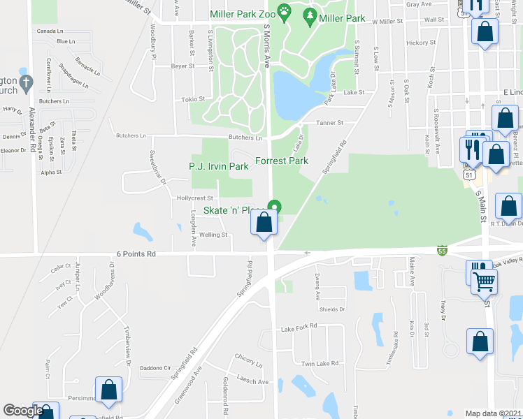 map of restaurants, bars, coffee shops, grocery stores, and more near 1611 South Morris Avenue in Bloomington