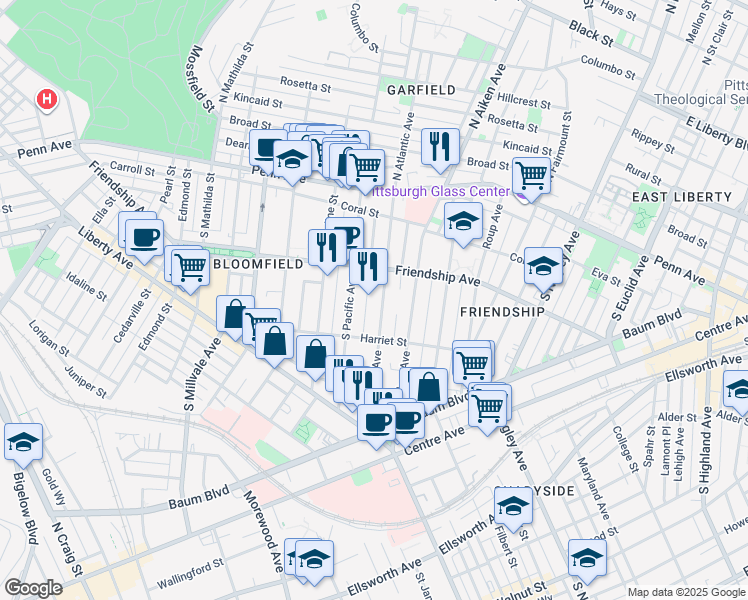 map of restaurants, bars, coffee shops, grocery stores, and more near 342 South Atlantic Avenue in Pittsburgh