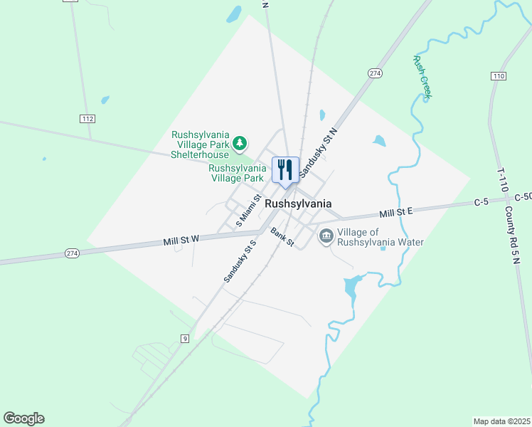 map of restaurants, bars, coffee shops, grocery stores, and more near 104 Sandusky Street North in Rushsylvania