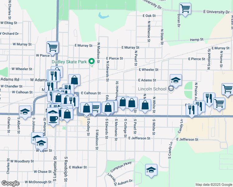 map of restaurants, bars, coffee shops, grocery stores, and more near 698 East Calhoun Street in Macomb
