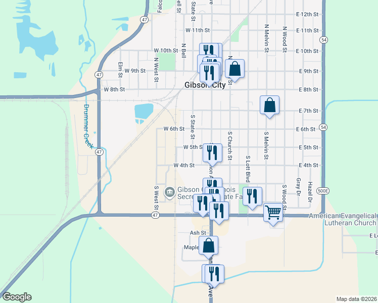 map of restaurants, bars, coffee shops, grocery stores, and more near 405 South State Street in Gibson City