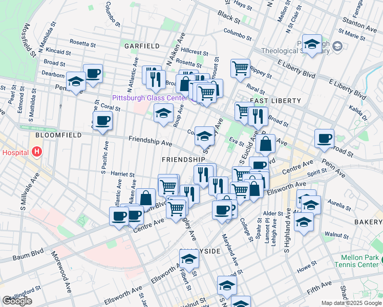 map of restaurants, bars, coffee shops, grocery stores, and more near Friendship Ave & Stratford Ave in Pittsburgh