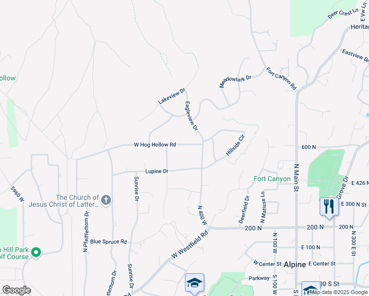 map of restaurants, bars, coffee shops, grocery stores, and more near 493 West Hog Hollow Road in Alpine