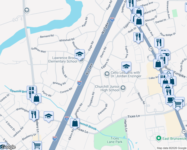 map of restaurants, bars, coffee shops, grocery stores, and more near 5 Wellington Road in East Brunswick