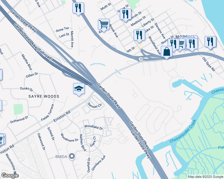 map of restaurants, bars, coffee shops, grocery stores, and more near 715 Sunshine Court in Sayreville