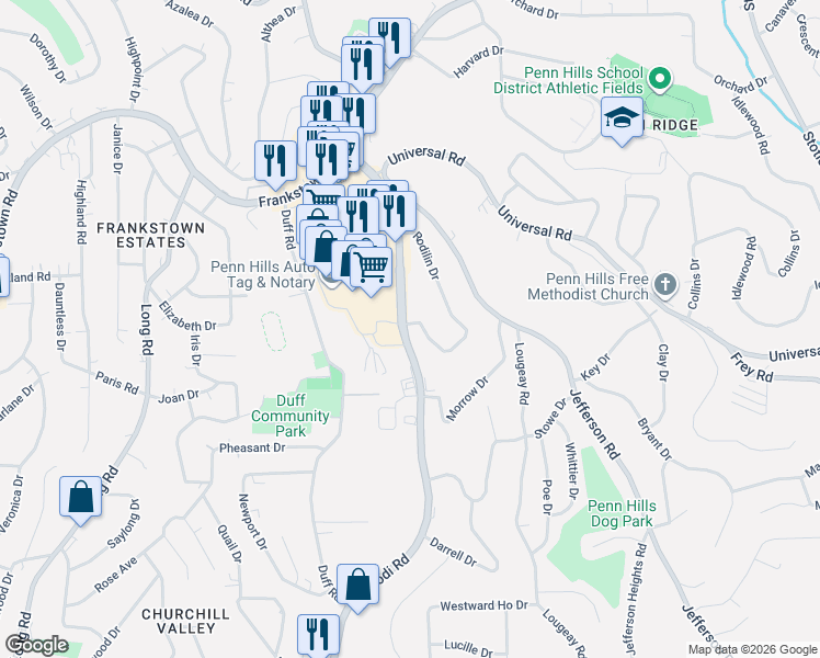 map of restaurants, bars, coffee shops, grocery stores, and more near Rodi Road in Penn Hills