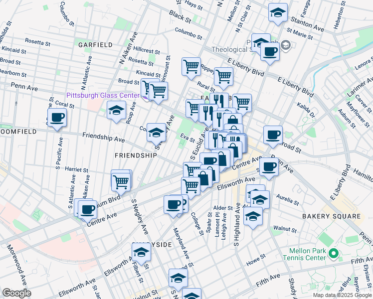 map of restaurants, bars, coffee shops, grocery stores, and more near 47 Penn Avenue in Pittsburgh