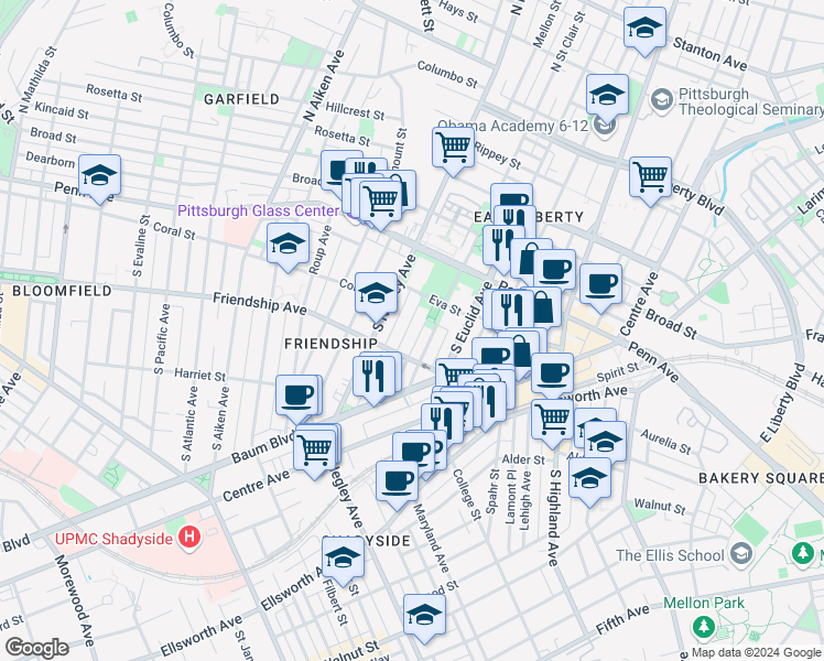 map of restaurants, bars, coffee shops, grocery stores, and more near 225 Amber Street in Pittsburgh