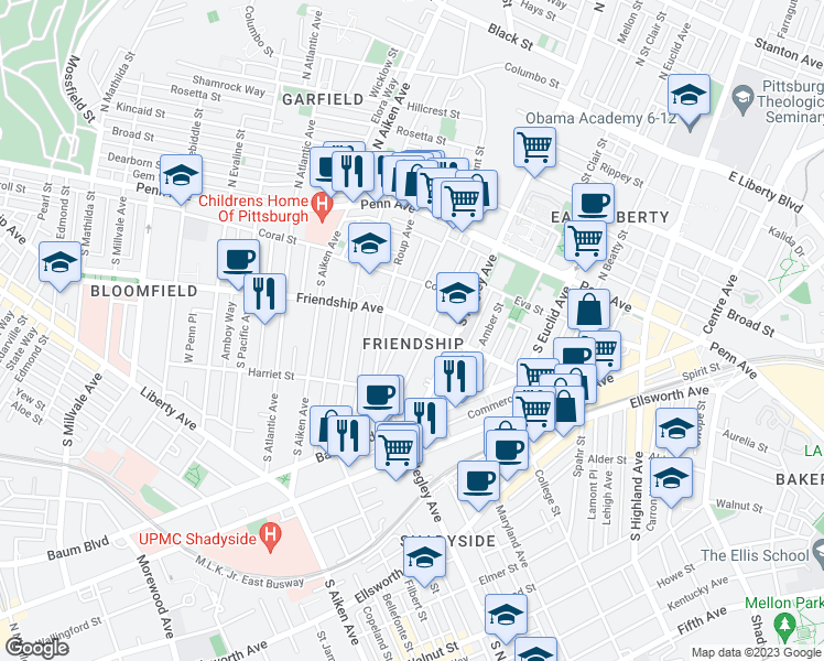 map of restaurants, bars, coffee shops, grocery stores, and more near in Pittsburgh