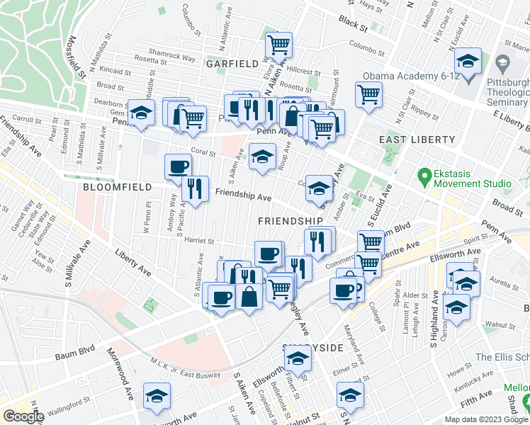 map of restaurants, bars, coffee shops, grocery stores, and more near 307 Roup Avenue in Pittsburgh