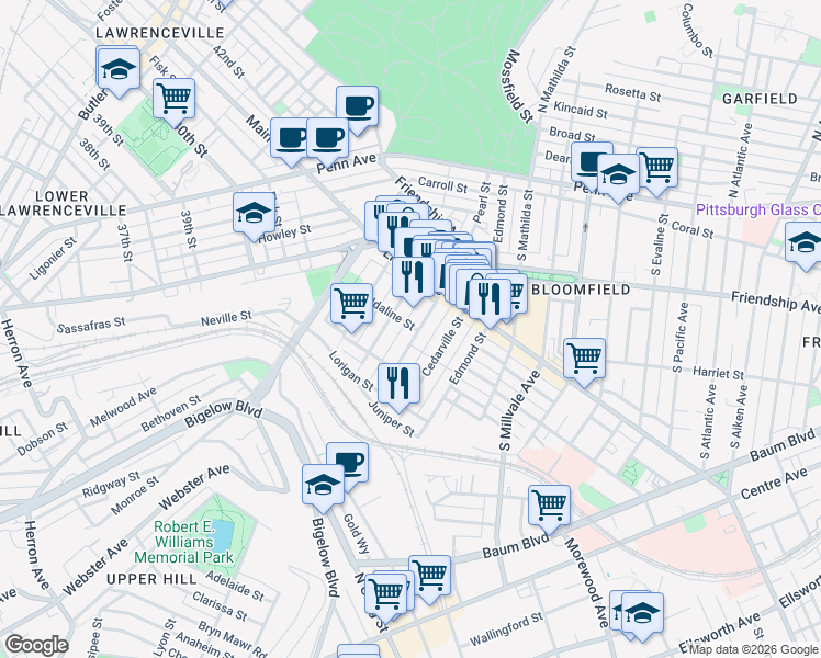 map of restaurants, bars, coffee shops, grocery stores, and more near 405 Sapphire Way in Pittsburgh