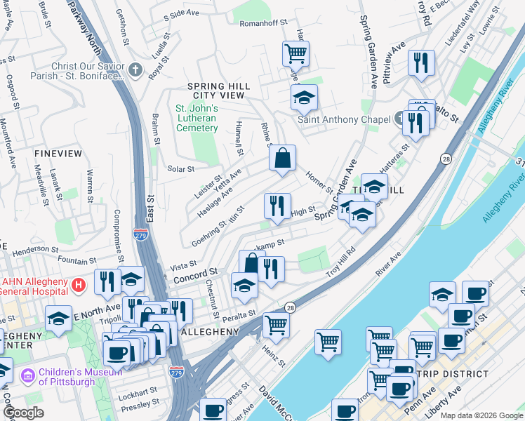 map of restaurants, bars, coffee shops, grocery stores, and more near 1257 Arcola Way in Pittsburgh