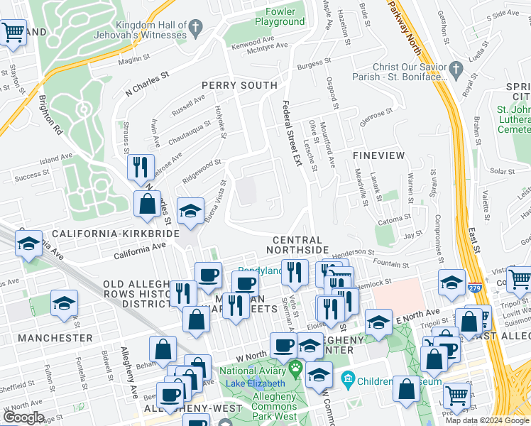 map of restaurants, bars, coffee shops, grocery stores, and more near 1845 Clayton Avenue in Pittsburgh