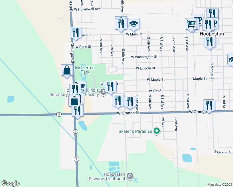 map of restaurants, bars, coffee shops, grocery stores, and more near 702 West Elm Street in Hoopeston