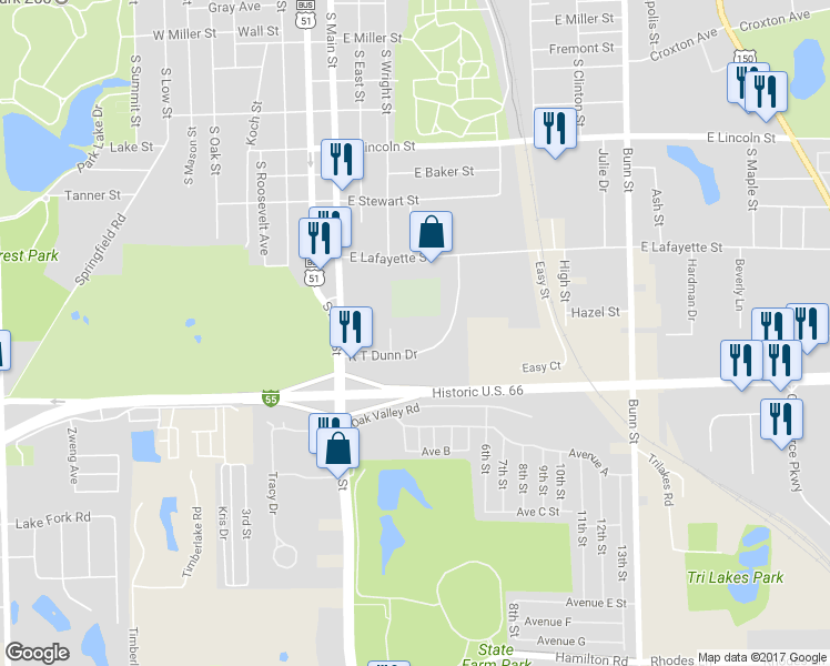 map of restaurants, bars, coffee shops, grocery stores, and more near 1717 R T Dunn Drive in Bloomington
