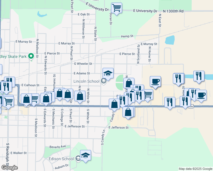 map of restaurants, bars, coffee shops, grocery stores, and more near 315 North Bonham Street in Macomb