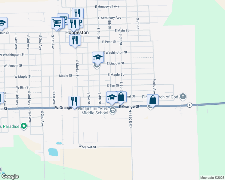 map of restaurants, bars, coffee shops, grocery stores, and more near 710 5th Street in Hoopeston