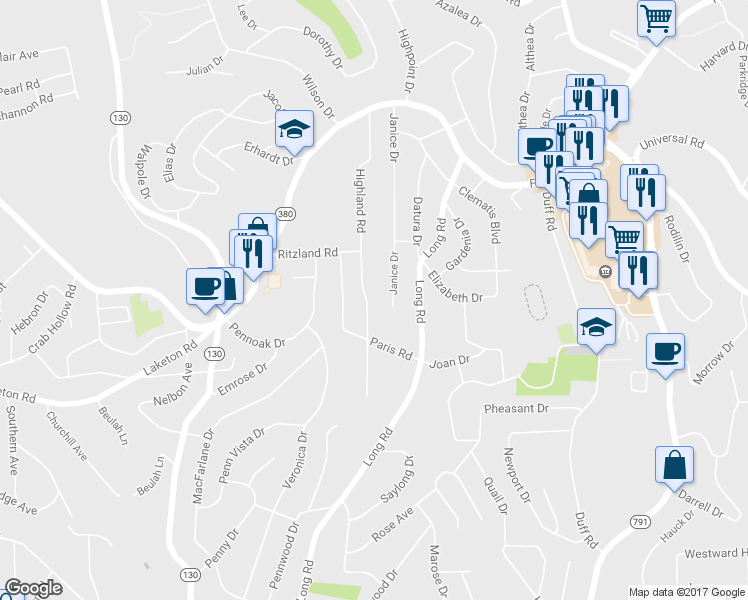 map of restaurants, bars, coffee shops, grocery stores, and more near 347 Highland Road in Pittsburgh