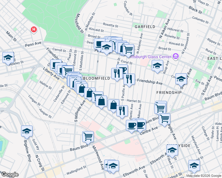 map of restaurants, bars, coffee shops, grocery stores, and more near 339 West Penn Place in Pittsburgh