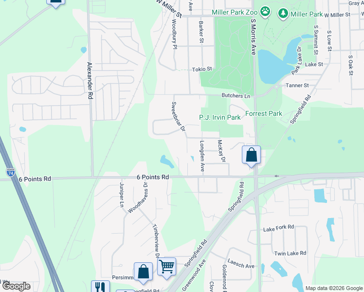 map of restaurants, bars, coffee shops, grocery stores, and more near 1705 Sweetbriar Drive in Bloomington