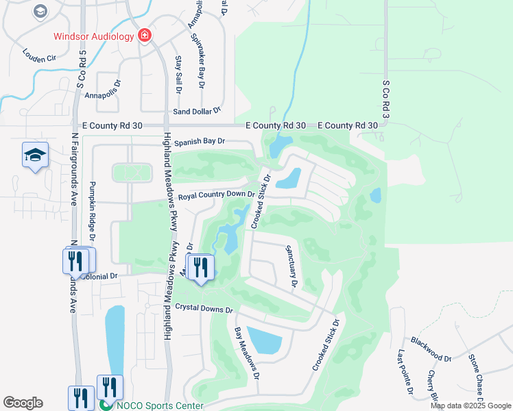 map of restaurants, bars, coffee shops, grocery stores, and more near 6675 Crooked Stick Drive in Windsor
