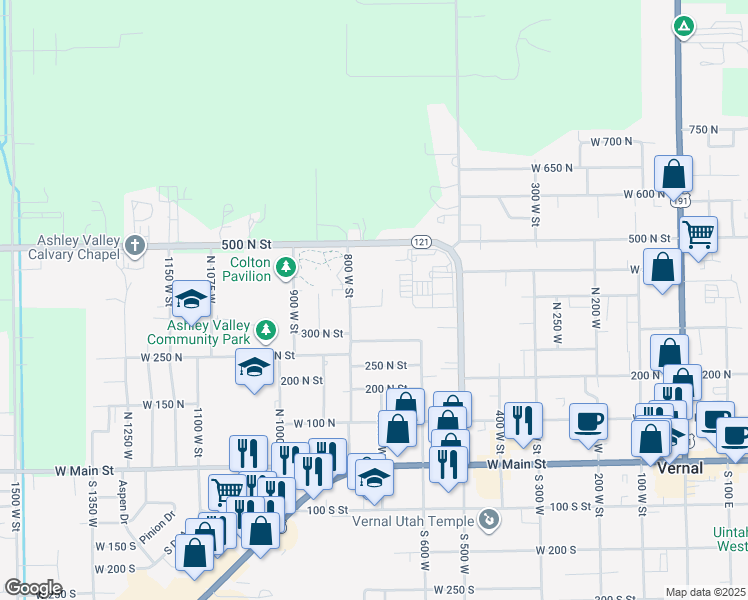 map of restaurants, bars, coffee shops, grocery stores, and more near 365 North 700 West in Vernal