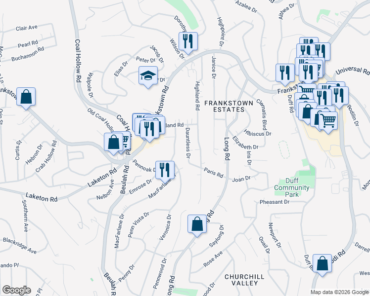 map of restaurants, bars, coffee shops, grocery stores, and more near 122 Dauntless Drive in Pittsburgh