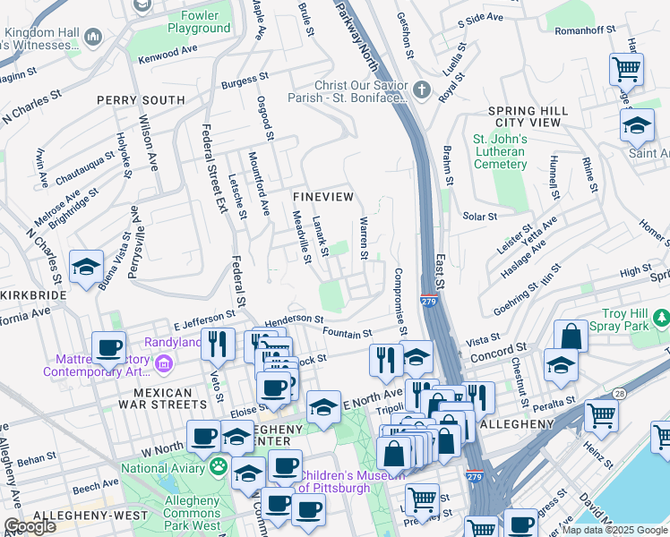 map of restaurants, bars, coffee shops, grocery stores, and more near 1609 Myler Street in Pittsburgh