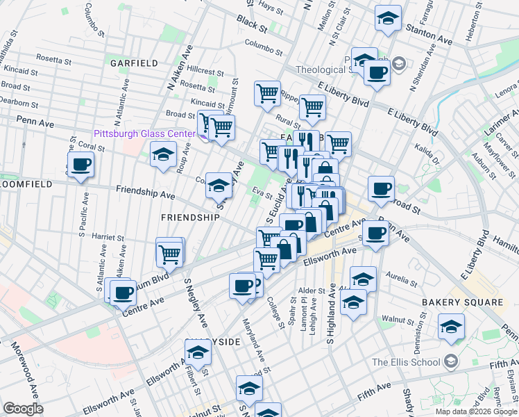 map of restaurants, bars, coffee shops, grocery stores, and more near 47 Penn Avenue in Pittsburgh