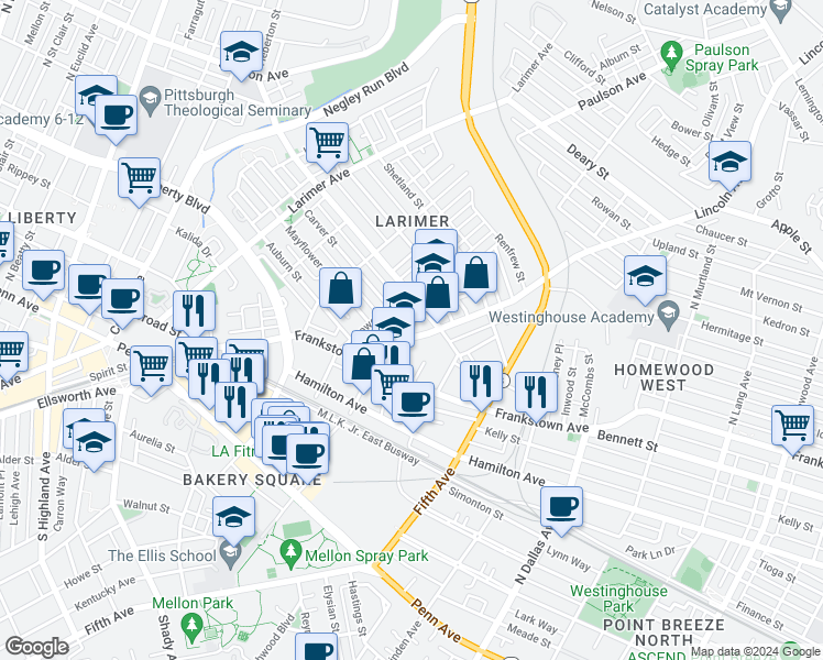 map of restaurants, bars, coffee shops, grocery stores, and more near 419 Lincoln Avenue in Pittsburgh