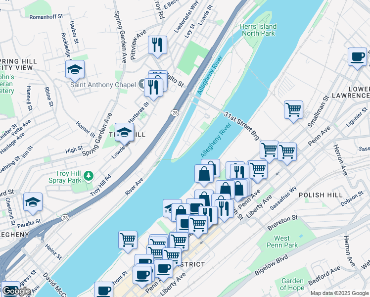 map of restaurants, bars, coffee shops, grocery stores, and more near 82 Waterfront Drive in Pittsburgh