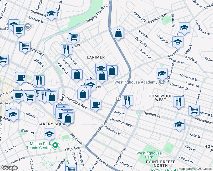 map of restaurants, bars, coffee shops, grocery stores, and more near 510 Lincoln Avenue in Pittsburgh