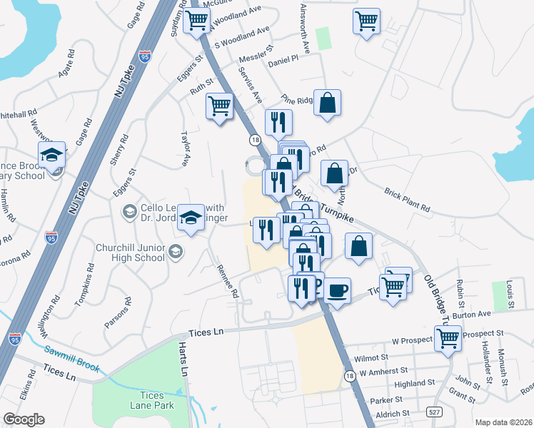 map of restaurants, bars, coffee shops, grocery stores, and more near 257 New Jersey 18 in East Brunswick