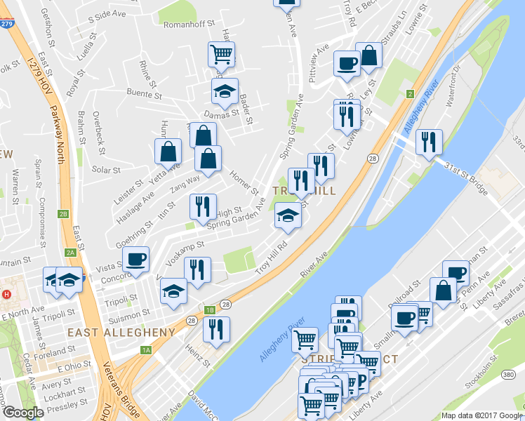 map of restaurants, bars, coffee shops, grocery stores, and more near 1329 Spring Garden Ave in Pittsburgh