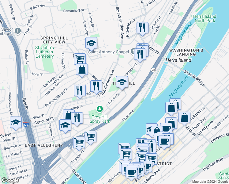 map of restaurants, bars, coffee shops, grocery stores, and more near 1376 Herman Street in Pittsburgh