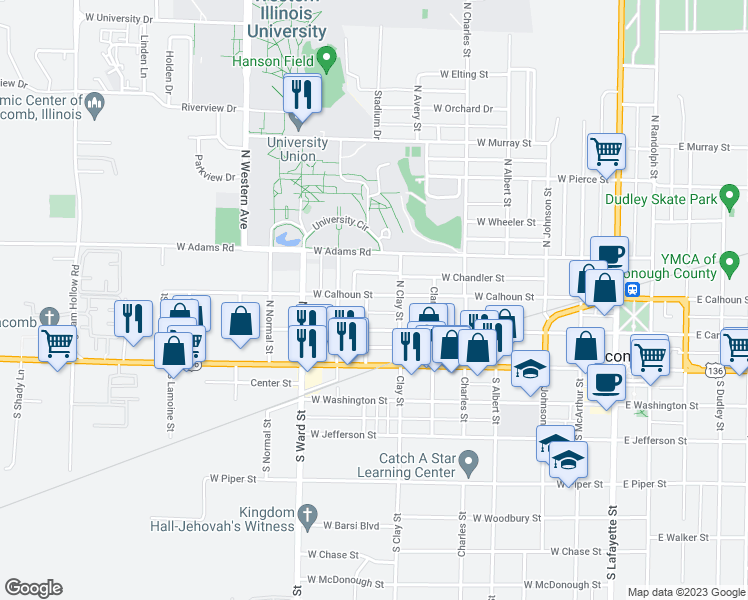map of restaurants, bars, coffee shops, grocery stores, and more near 727 West Calhoun Street in Macomb