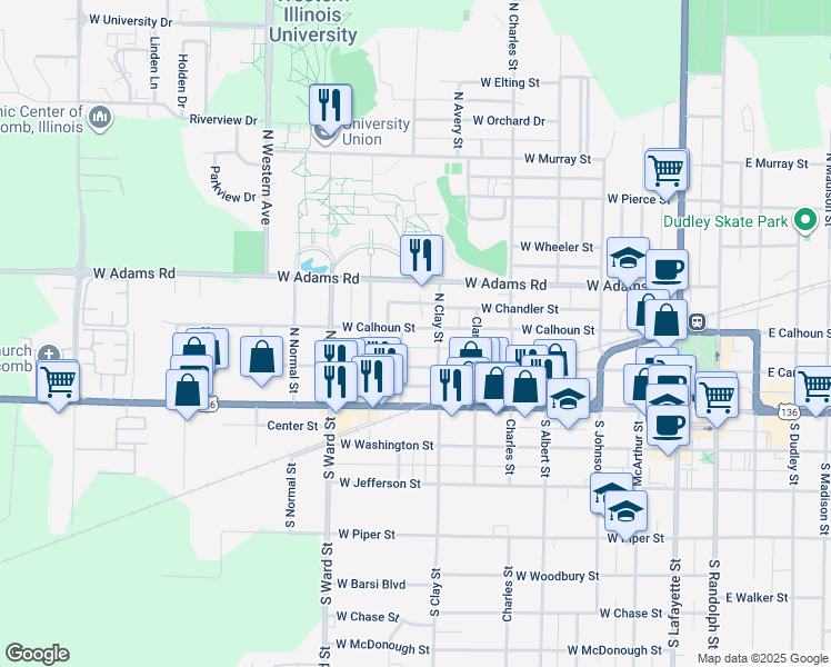 map of restaurants, bars, coffee shops, grocery stores, and more near 723 West Calhoun Street in Macomb