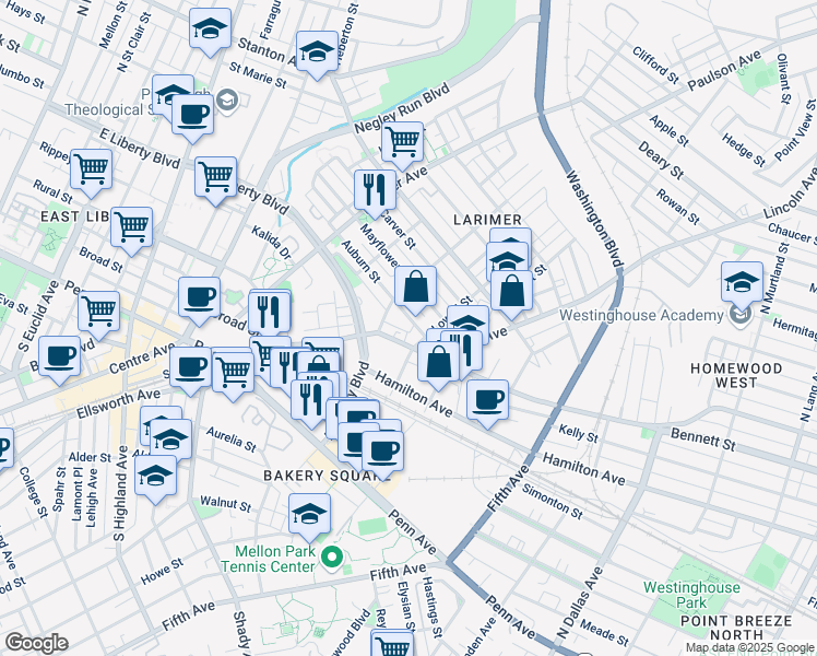 map of restaurants, bars, coffee shops, grocery stores, and more near 230 Auburn St in Pittsburgh