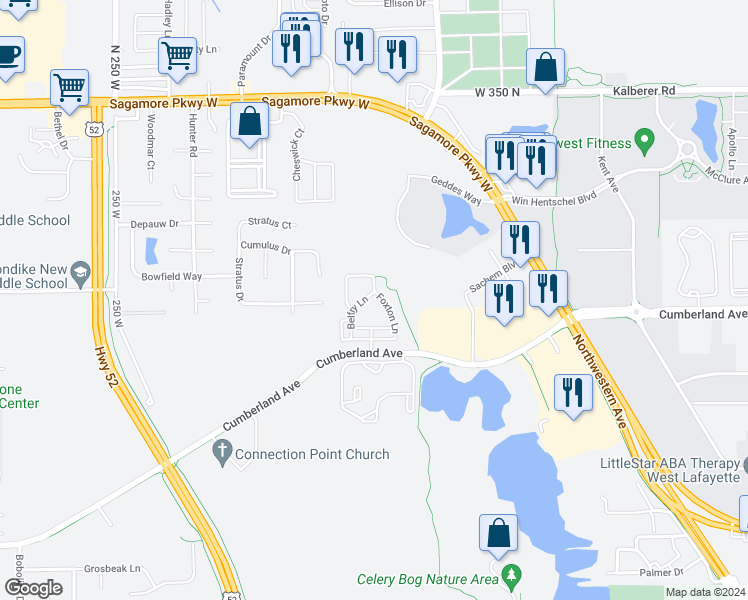 map of restaurants, bars, coffee shops, grocery stores, and more near 307 Foxton Lane in West Lafayette