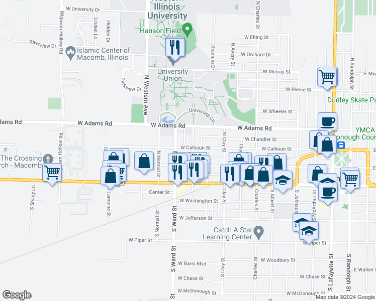 map of restaurants, bars, coffee shops, grocery stores, and more near 230 North Sherman Avenue in Macomb